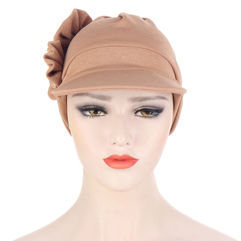 Muslim Turban Hijab Cap Women Turban Hat With Brim Flowers Head Wraps Solid Sun Protection Hats Lady Head Wear Turban