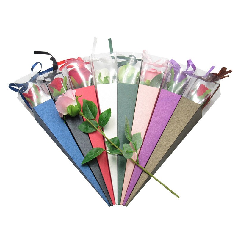 25Pcs Exquisite Flower Box Packing List Rose Holder PVC Triple-cornered Box with Ribbon Florist Supplies