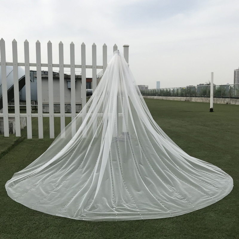 Prawdziwe zdjęcia perły i kryształy welon slubny błyszczący brokat welon ślubny szeroki welon katedralny Wykonany ręcznie Accessaries veli da sosa