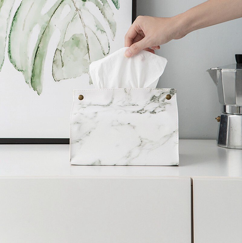 Caja para pañuelos con de mármol y cuero sintético, recipiente para pañuelos, servilletas de papel para el hogar y el coche