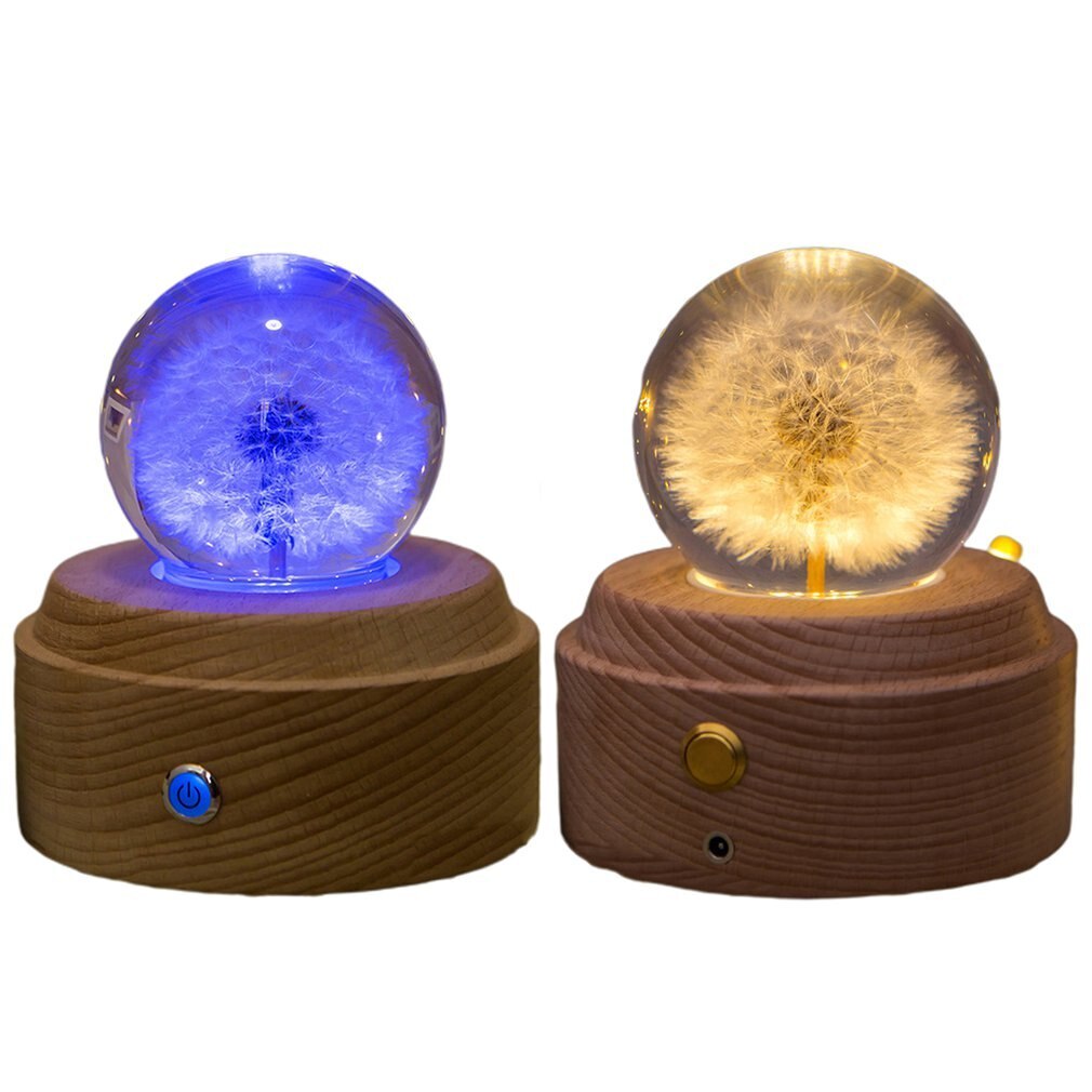 Luminous Dandelion Crystal Ball Music Box Birthday Eternal Flower Music Box Wooden Base Music Box