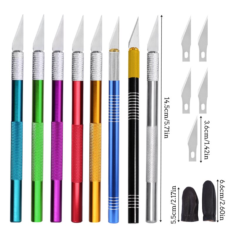 MIUSIE Engraving Cutter With 5pcs Blades And 2pcs Finger Protectors Metal Handle Leather Carving Sculpture Non-Slip Safety Knife
