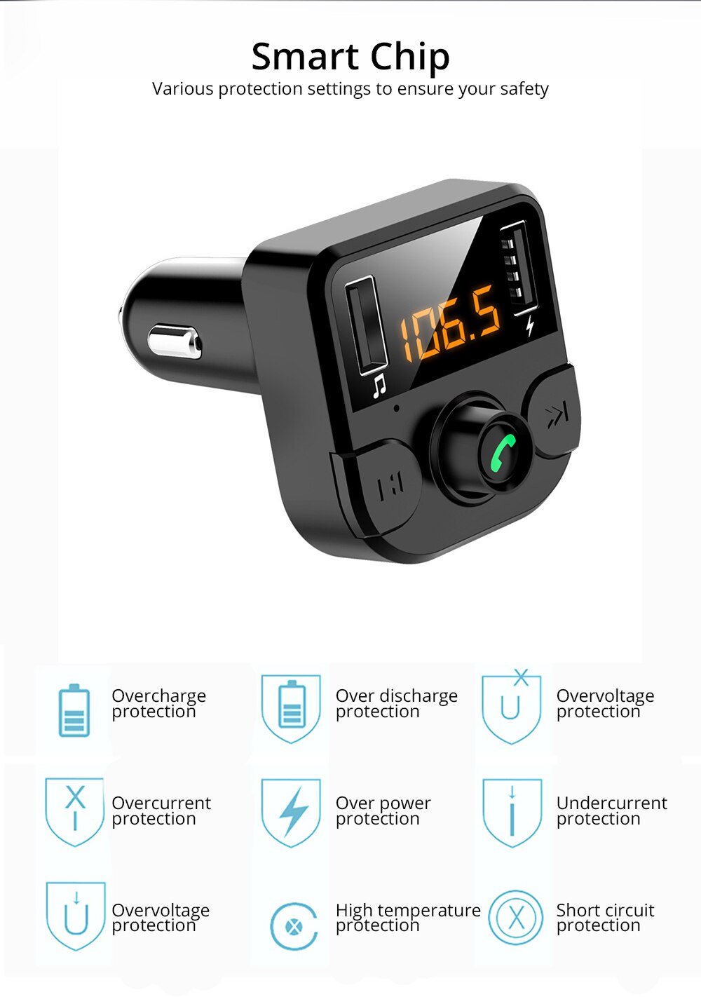 ANMONE Bluetooth 5.0 Car Kit Wireless Trasmettitore FM Vivavoce MP3 Lettore Audio Ricevitore 3.1A Dual USB Caricatore Rapido