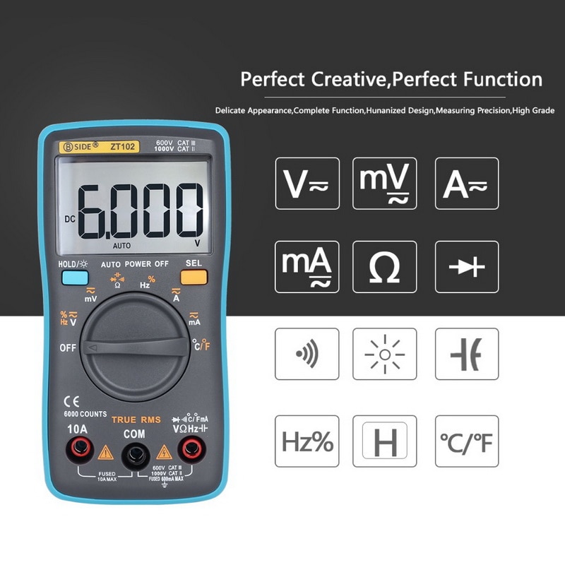 1Pcs ZT Digital Multimeters Portable AC/DC Ammeter Voltmeter Ohm LCD Display Backlight Multimeter Diode and Continuity Test