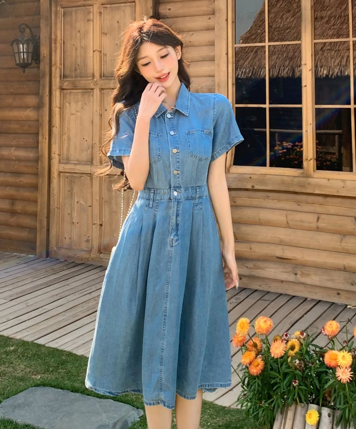Blå denimkjole til kvinder sommerkjole med nedadgående krave og korte ærmer i a-linje, plus size, mellemlang afslappet kjole