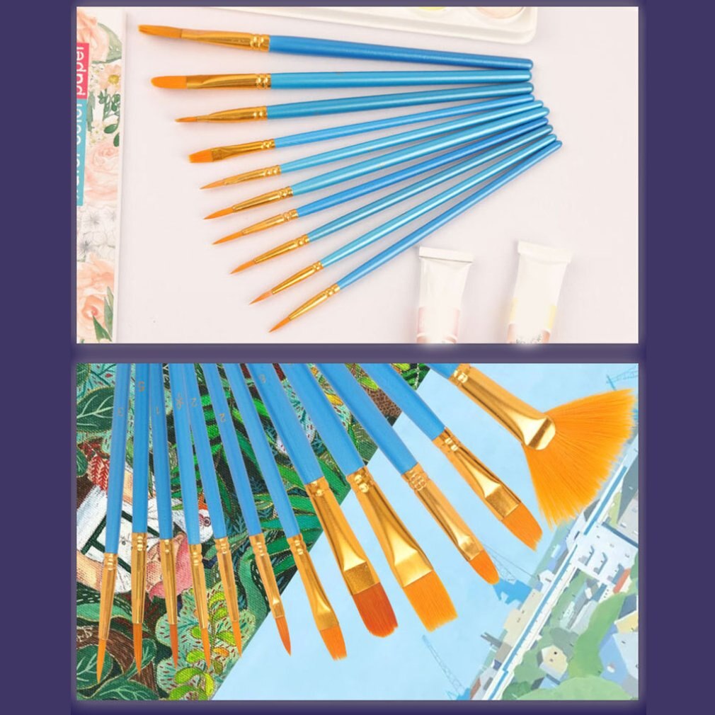 12Pcs Pearly Blue Rod Painting Watercolor Pen Set Nylon Wool Fan Oil Paintbrush Diy Acrylic Paint Brush