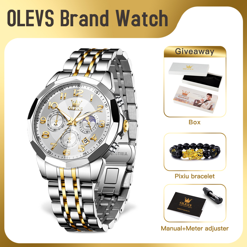 OLEVS 3676 Herenhorloge Quartz Horloge Multifunctionele Chronograaf Waterdicht Lichtgevende Maanfase Horloge Heren Originele Reloj