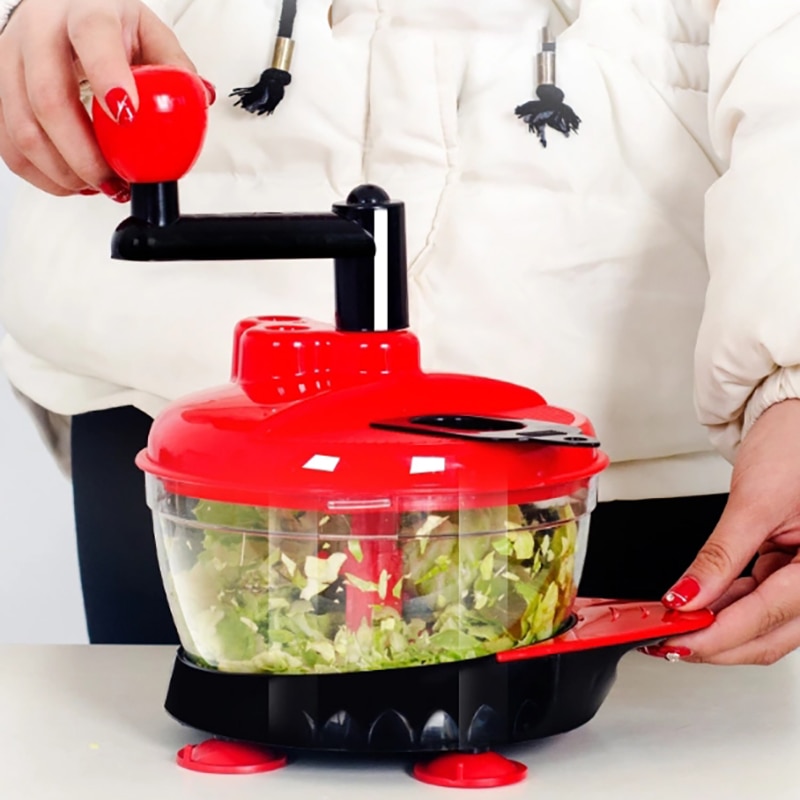 Red Food Processor Manual Hand-Powered Crank Large Chopper Mincer Blender Mixer Cutter Chop Meat Fruits Vegetables Onions