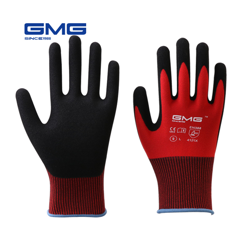 Bau Handschuhe GMG verrotten Nylon Hülse Schwarz Nitril sandig Beschichtung Arbeit Sicherheit Handschuhe Männer Arbeit Handschuhe