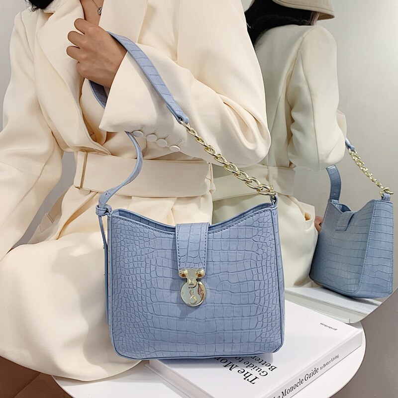 Alligator kvinder bucket taske klassisk blå famle skuldertasker sommer krokodille mønster dame crossbody messenger håndtaske