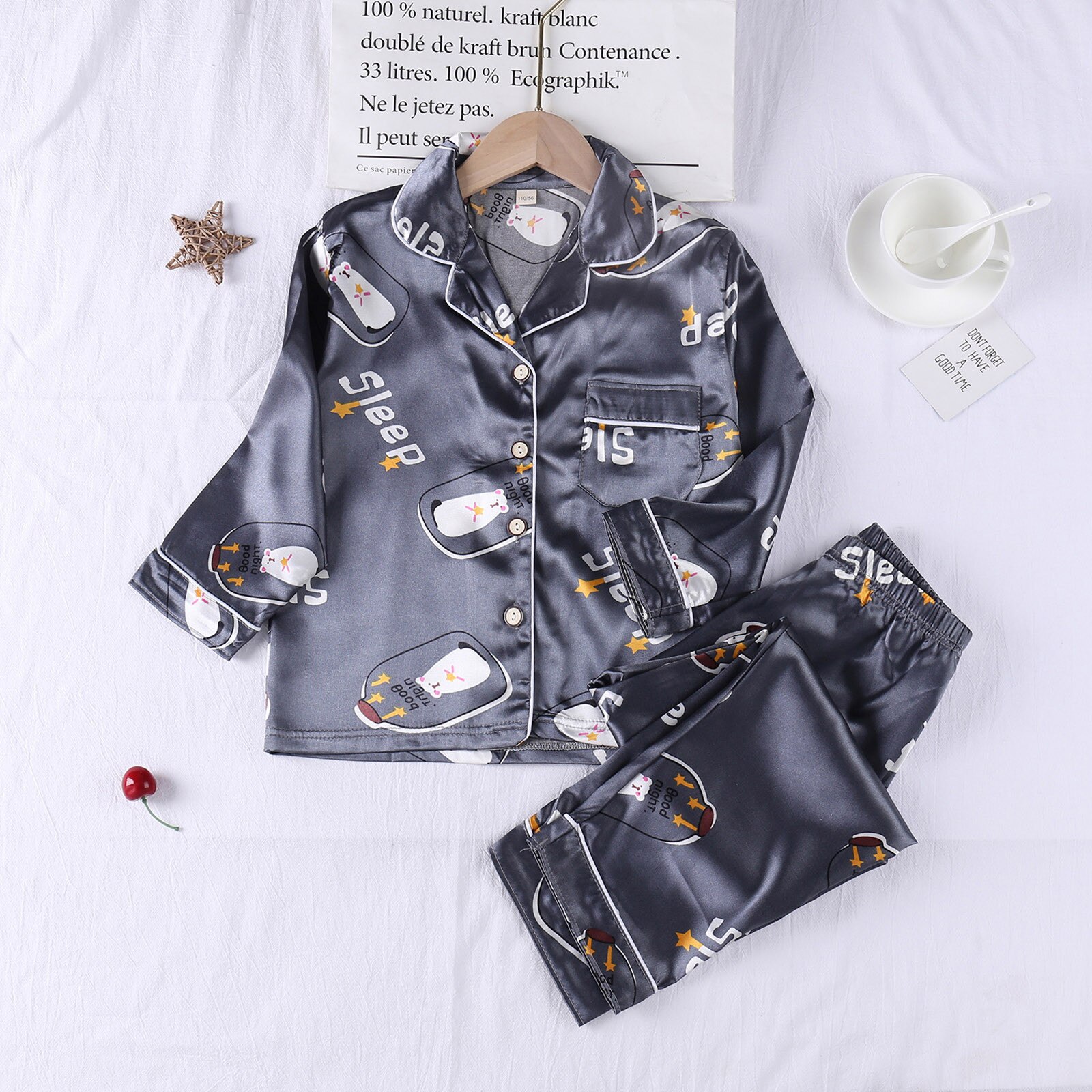 2Pcs Kid Baby Boy Meisje Zijden Pyjama Set Nachtkleding Nachtkleding Lente Herfst Print Outfit Set Lange Mouw + broek Nachtkleding