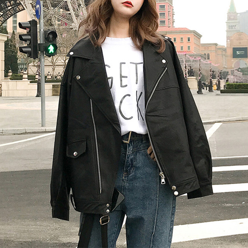 Vangull Oversized Coat Women Faux Leather Jacket Spring Autumn Loose Biker Motorcycle Jackets Female Punk Streetwear