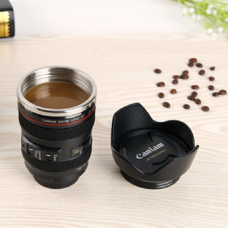 Kamera Objektiv Becher Kaffee Tee Tasse Becher mit Deckel Neuheit Kreative Thermocup Thermo Becher 400ml Edelstahl Liner: 4th Schwarz