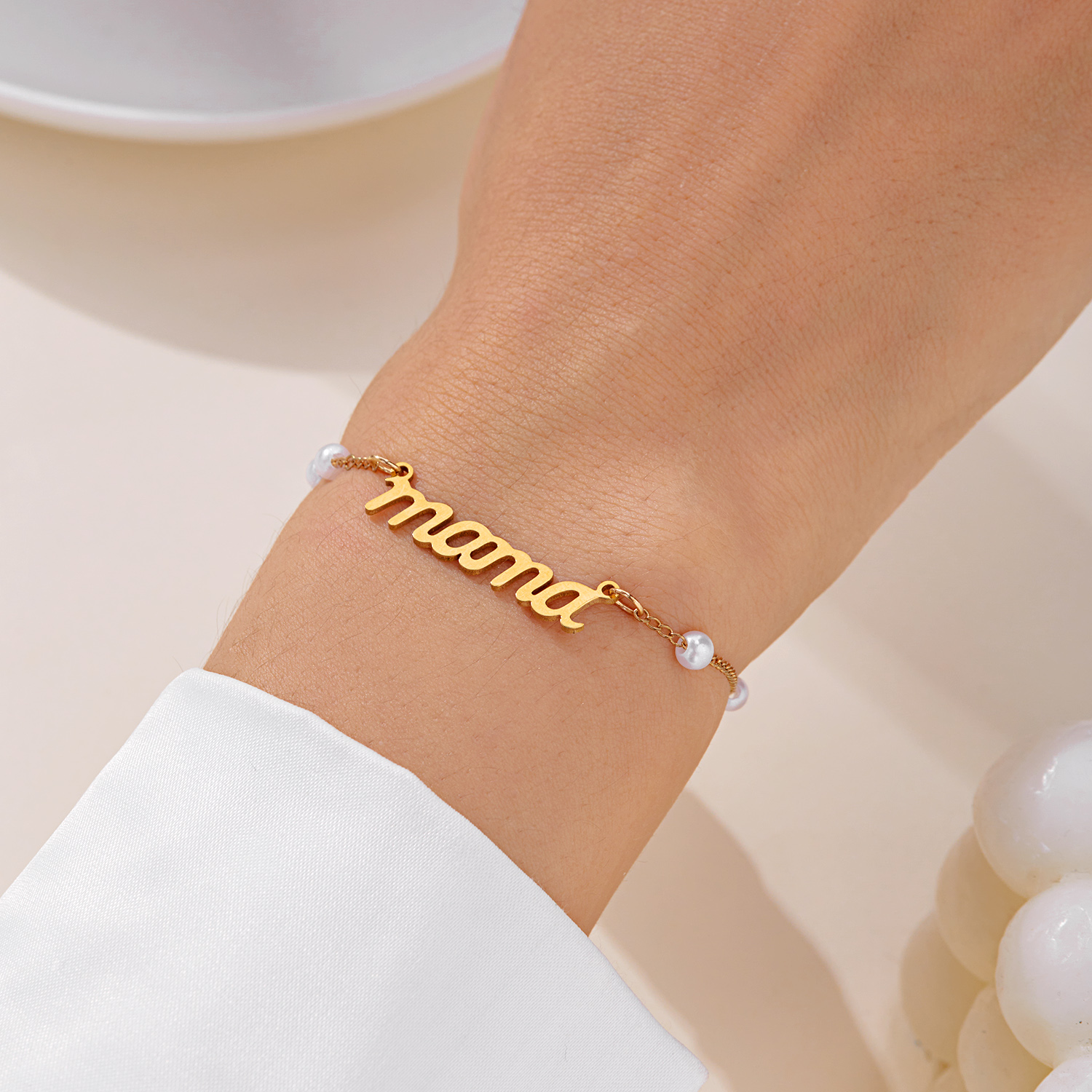 Pulseras con colgante de mamá con letras de perlas de imitación, dijes de , pulsera de cadenas de acero inoxidable para mujer, joyería, para el día de la madre
