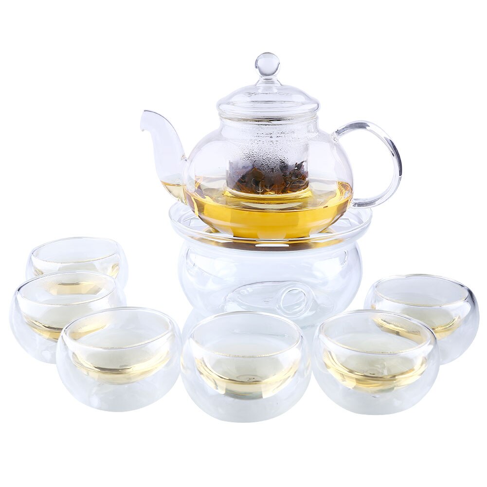 SOLEDI 800ml Clear Glass Sarafe Set Pot Infuser Teapot+Warmer+6 Tea Set Cup Borosilicate Heat Resistant Double Wall W/