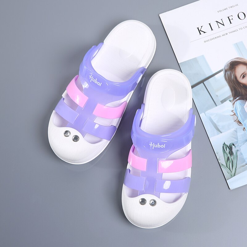 Dames jelly schoenen regenboog zomer sandalen dames platte schoenen dames instappers snoepkleurige peep toe dames strandschoenen: Paars / 38