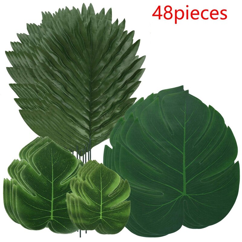48PCS Jungle Beach Theme Decorations Artificial Palm Leaves & Turtle Leaf Fern Plant with Stem for Hawaiian Party