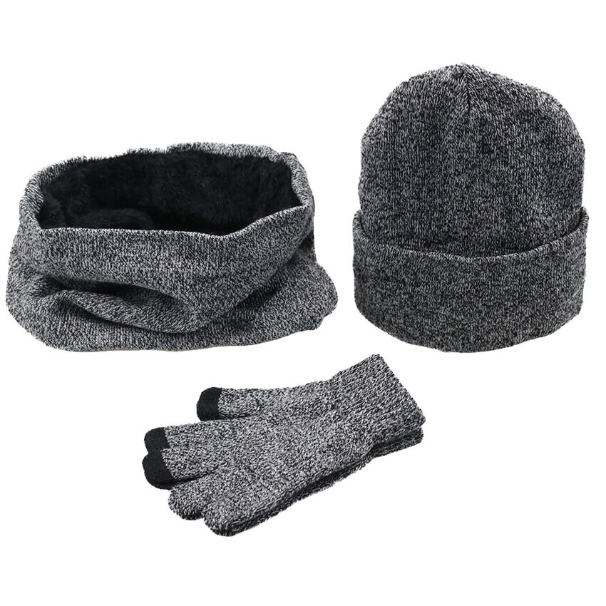 3 Pieces/Set Winter Women Hats Scarves Gloves Kit Knitted Plus Velvet Hat Scarf Set For Male Female Beanies Scarf Gloves: LightGray