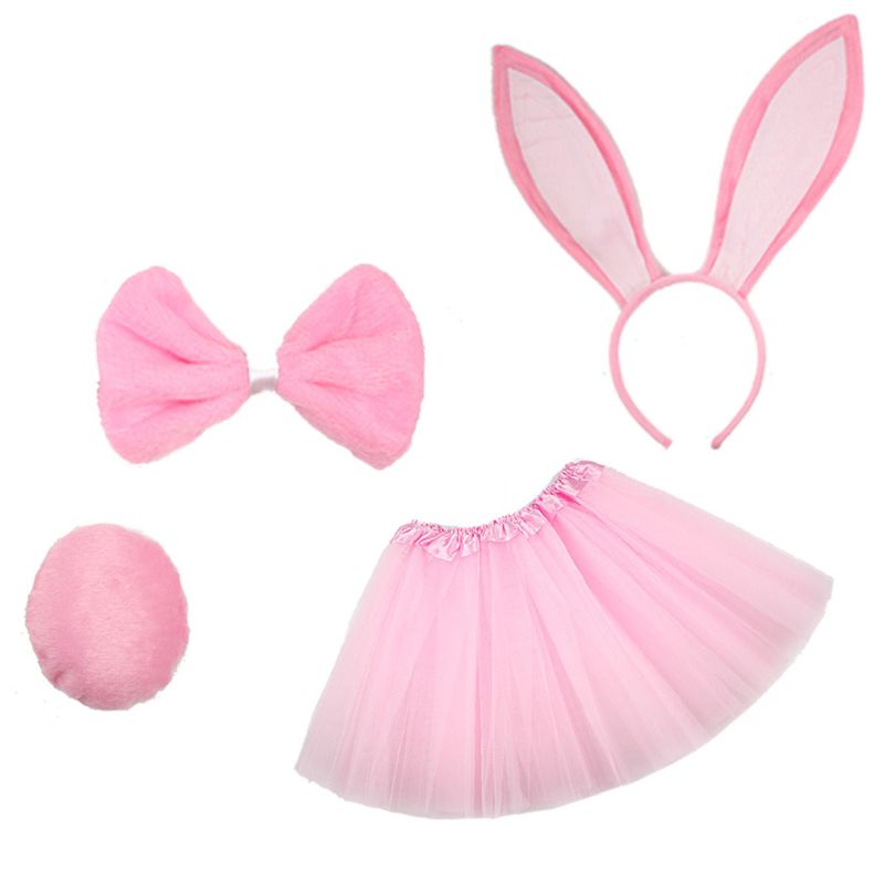 4 stk børn kanin cosplay kostume sæt lagdelt tyl tutu nederdel fancy dress up kaninører pandebånd butterfly hale påske outfits: Lyserød