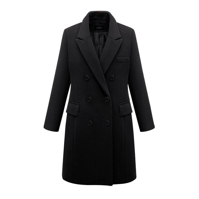 Efterår vinterfrakke kvinder afslappet uld solide jakker blazere kvinde slank dobbeltradet lang frakke damer plus str. 5xl: Sort / Xxl