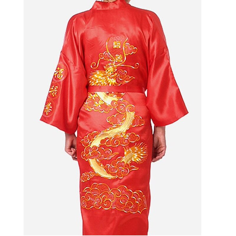 Navy Blue Chinese Men's Satin Silk Robe Embroidery Kimono Bath Gown Dragon Size S M L XL XXL XXXL