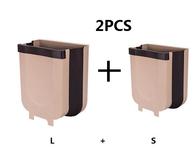 Kitchen Cabinet Door Hanging Trash Can Garbage Folding Waste Bins Collapsible Dry Wet Separation MJ81: Brown  2pc