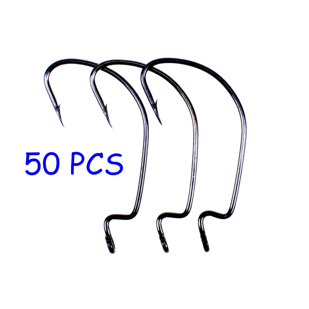 50pcs Soft Worm Lure Offset Fishing Hook Carbon Steel Wide Crank Fishhook