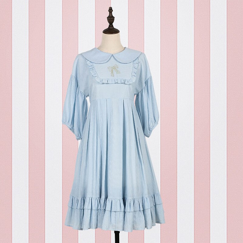 JSK Japan Style Lolita doll collar dress Vintage babydoll dress bishop sleeve Juicy pleated dress: blue / M