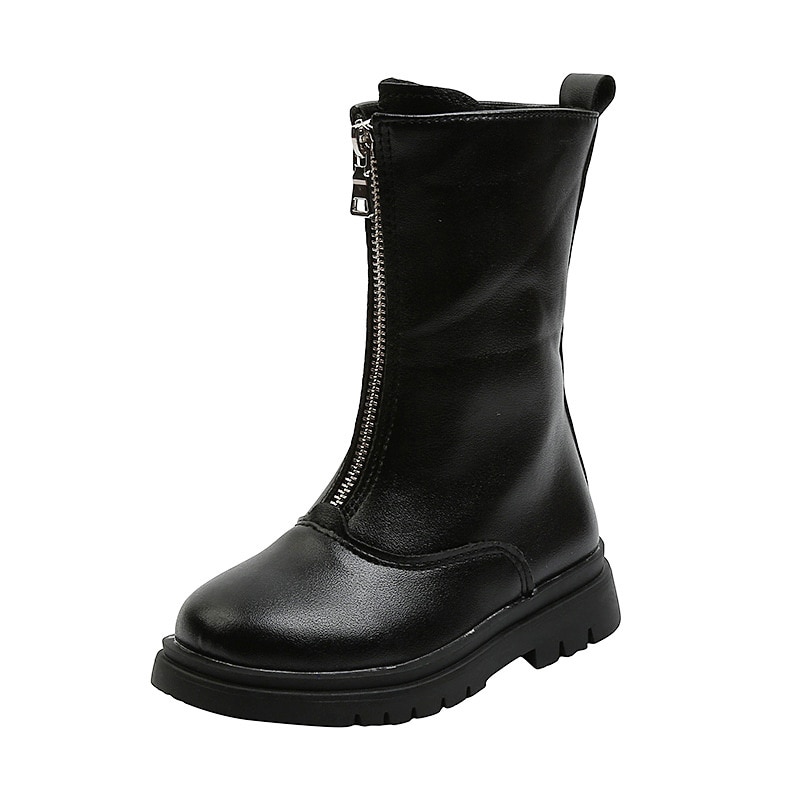 Estilo estrangeiro outono inverno novo zíper frontal crianças botas de couro médio crianças botas versátil quente menina médio botas 26-36