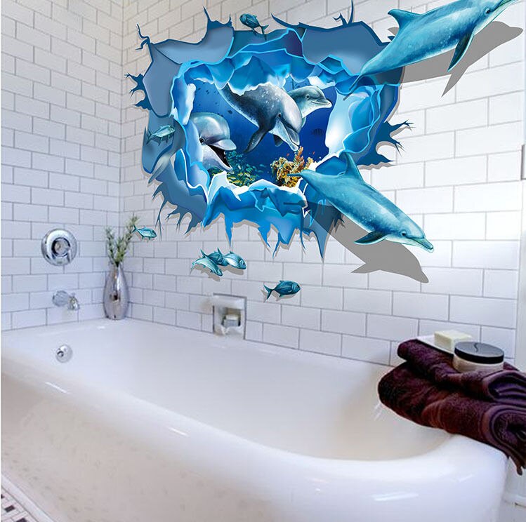 Under The Sea Wall Decals - Removable Vinyl Stickers Mural Art- 3D Dolphin Fish Blue Sea 3D Stickers Home Decor