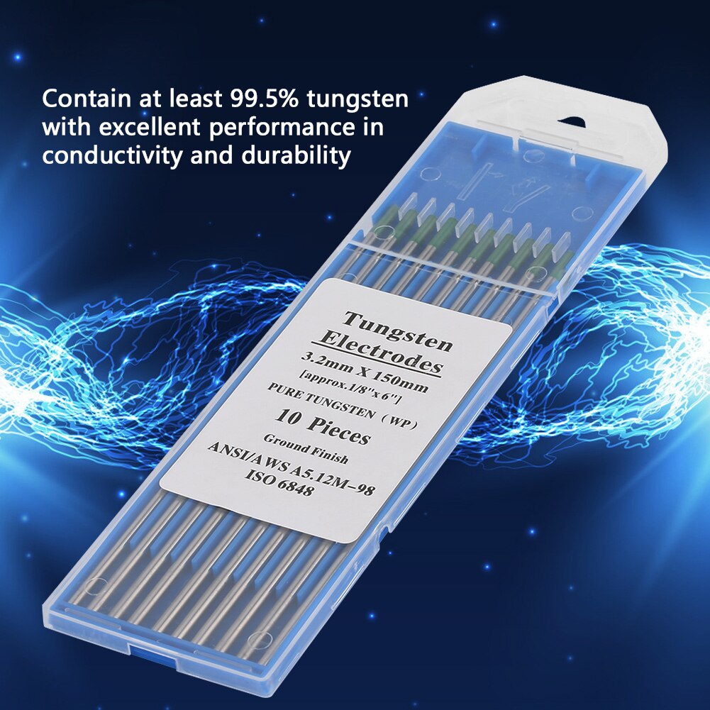10 Uds de tungsteno puro electrodos WP punta verde/1,0/1,6/2,0/2,4/3,2mm * 175/150mm AC de soldadura Tig herramienta de
