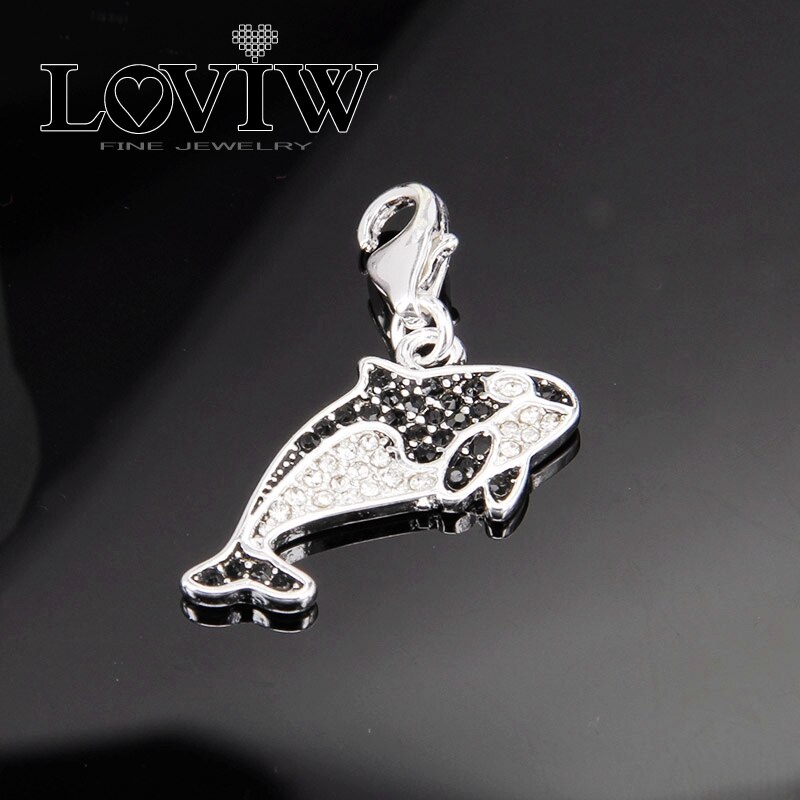 Orca Shark Charm Vrouwen stijl Zwart-wit Zirconia Pave Zilver Charm Voor Dames Breloque