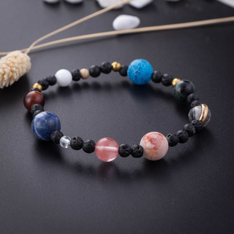 Charm Bracelet Jewelry Women Cosmic Galaxy Solar System Eight Planets Natural Stone Elastic Bracelet Bangle TOA
