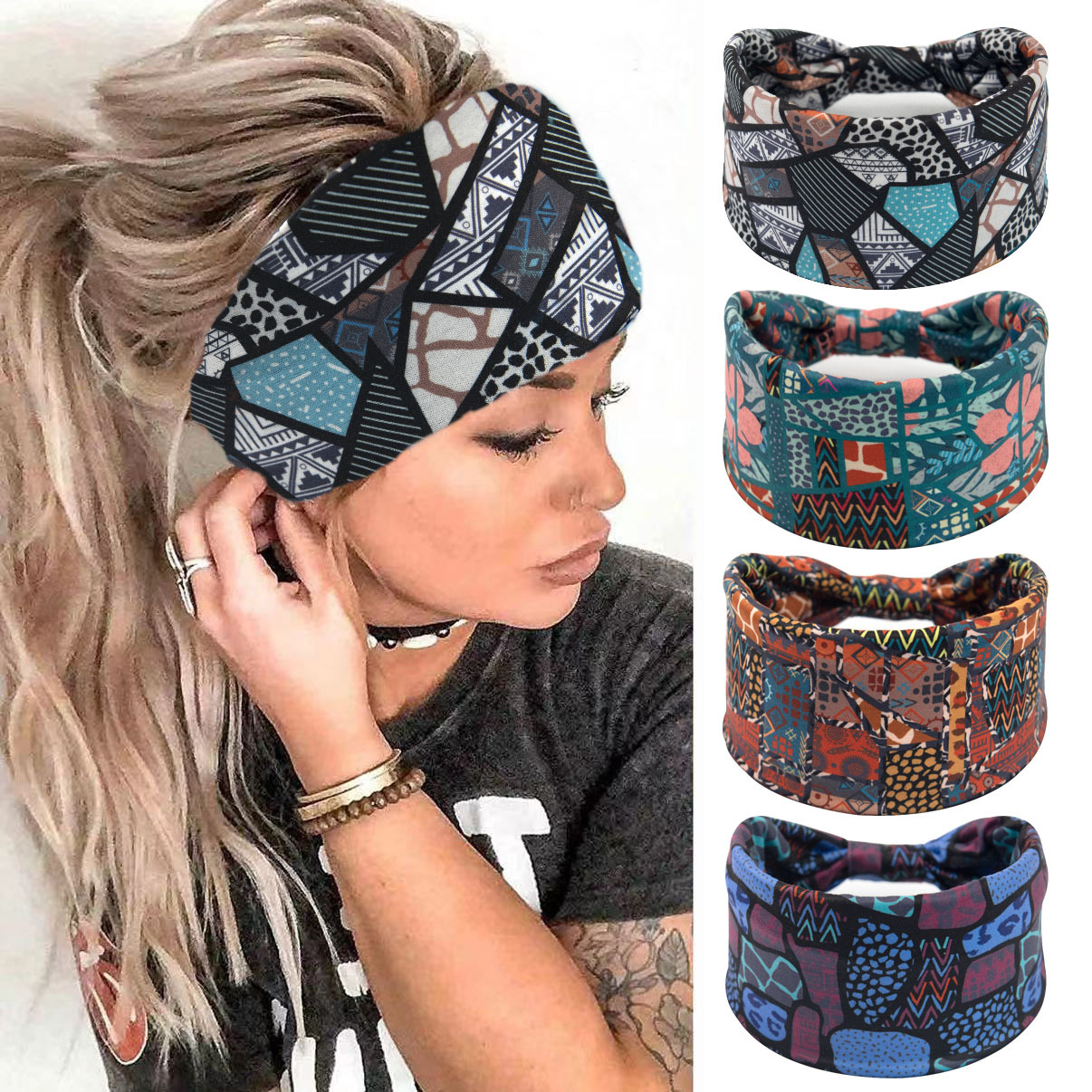 Boho headbands para mulheres largo atado antiderrapante africano bandana elástica yoga turbante lenços de cabelo treino impresso acessórios para o cabelo