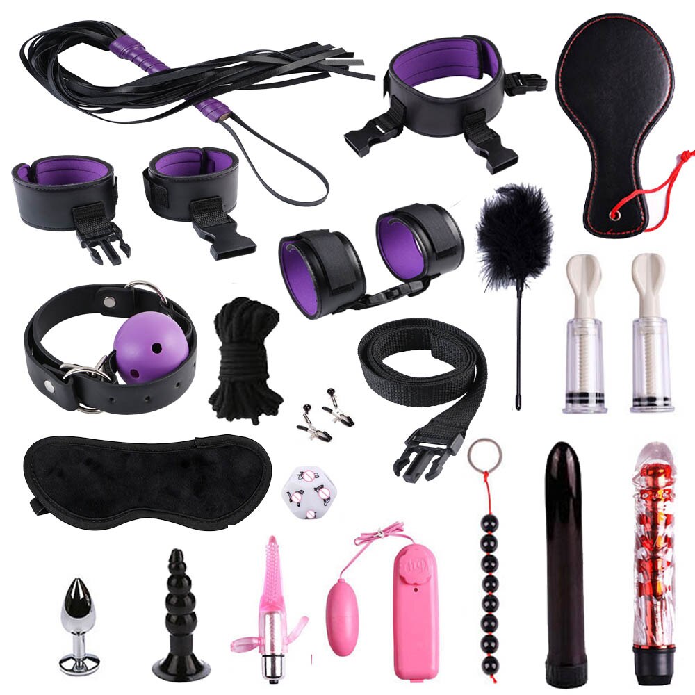 28 stks/set Vrouwen Mannen Speeltjes voor BDSM Spel Handboeien zweep touw Anale plug Mond plug Vibrator Erotische Accessoires Bondage set: purple 20pcs