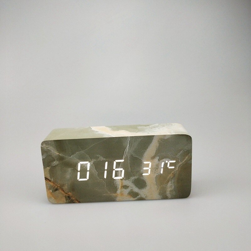 Led wooden marble stone pattern wooden clock temperature clock digital clock sound control electronic alarm clock 1299