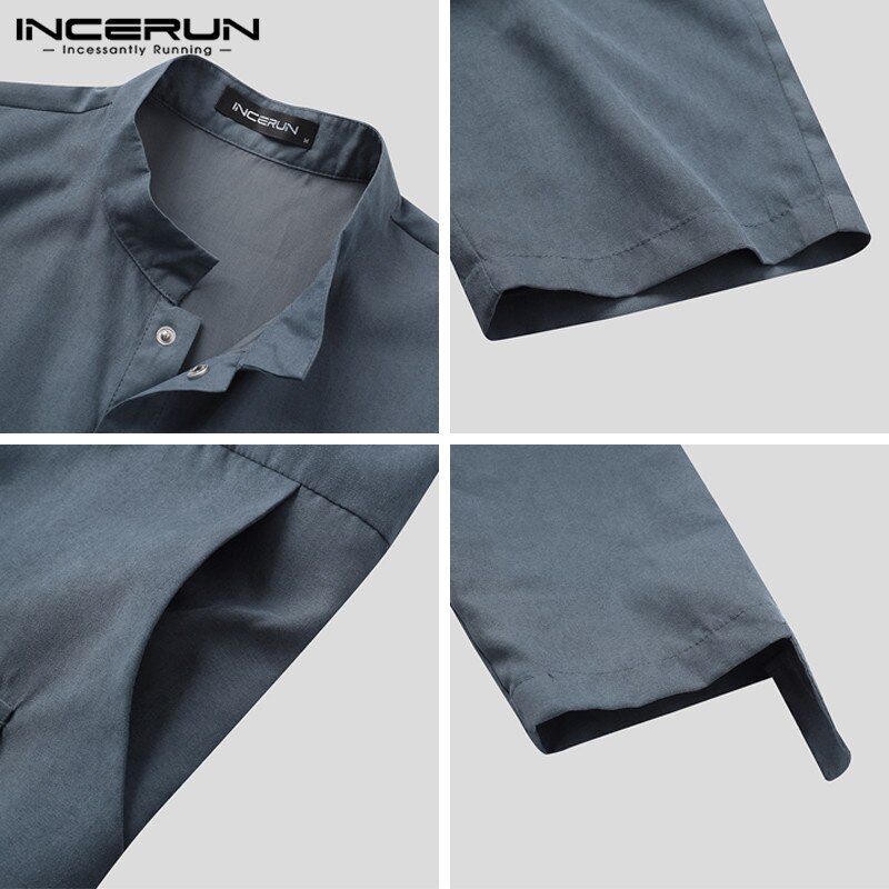 Incerun herre jumpsuits stander krave langærmede cargo smækbukser casual knap streetwear romper herre seler plus str. 7