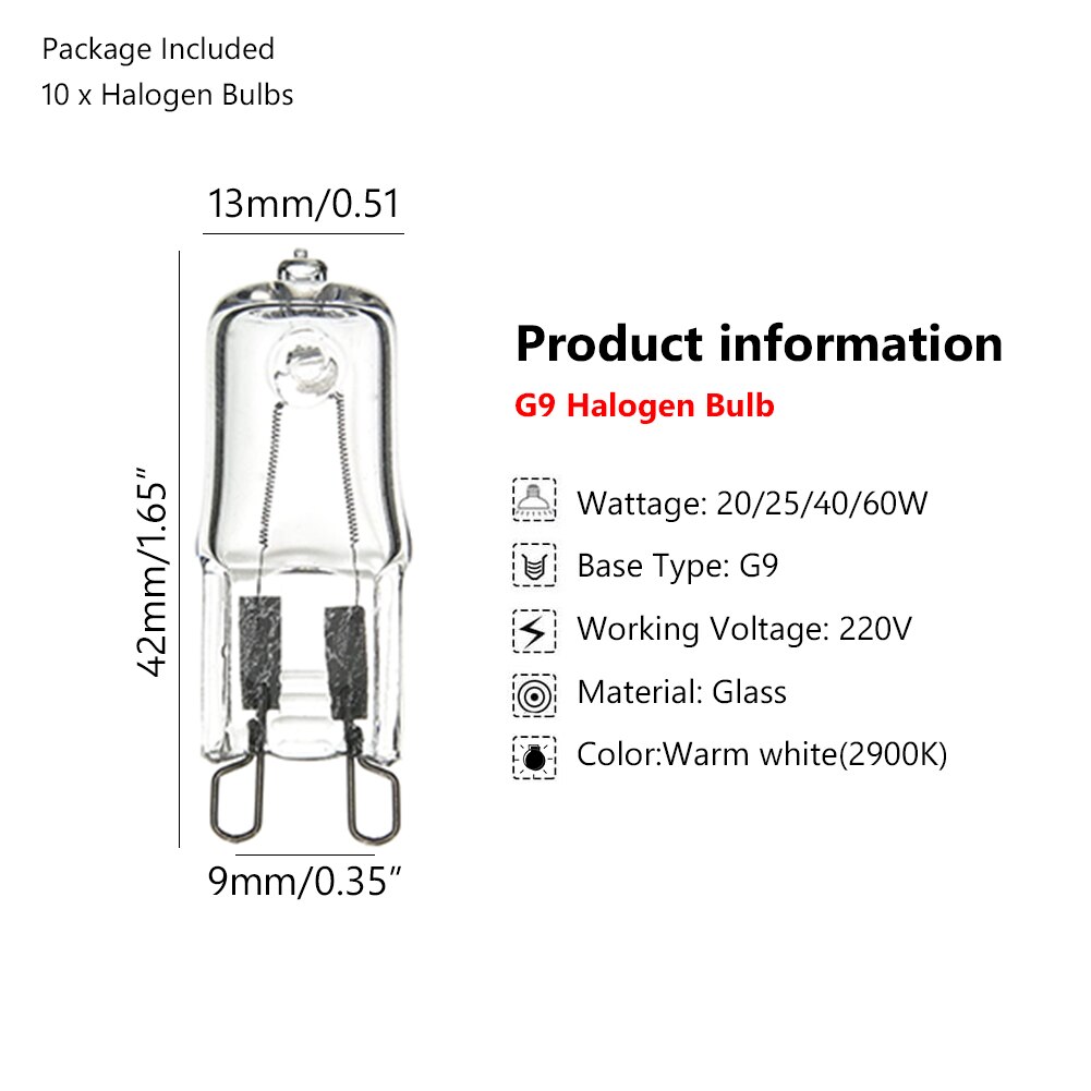 10 stk  g9 halogenpære lampe til vegglamper klart glass hver innendørsbelysning 20w/25w/40w/60w 220v 2900k varmt hvitt halogenlys