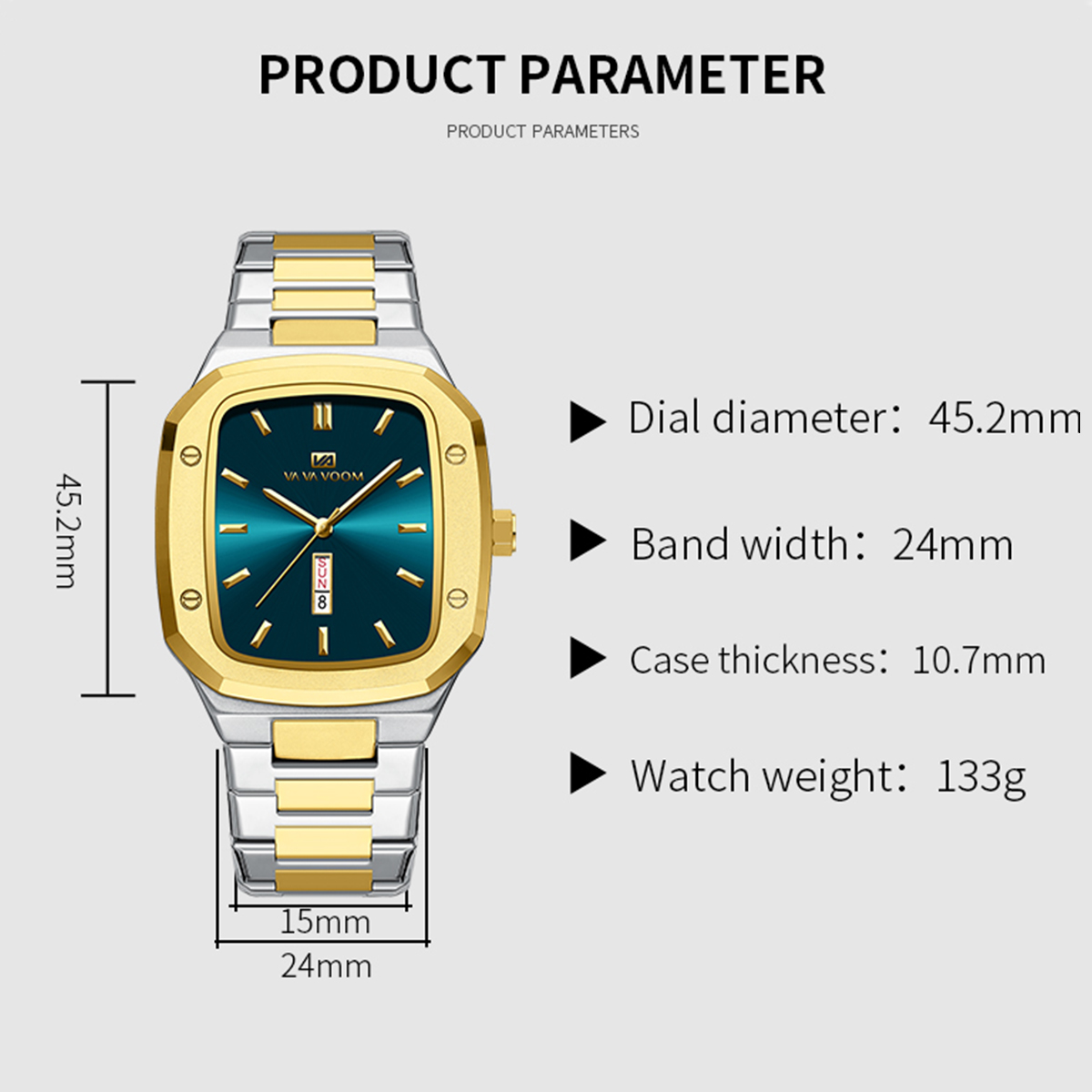 2024 reloj para hombre, correa cuadrada de acero inoxidable a la , oro azul, 3Bar, calendario semanal de cuarzo, reloj de pulsera deportivo de negocios simulado