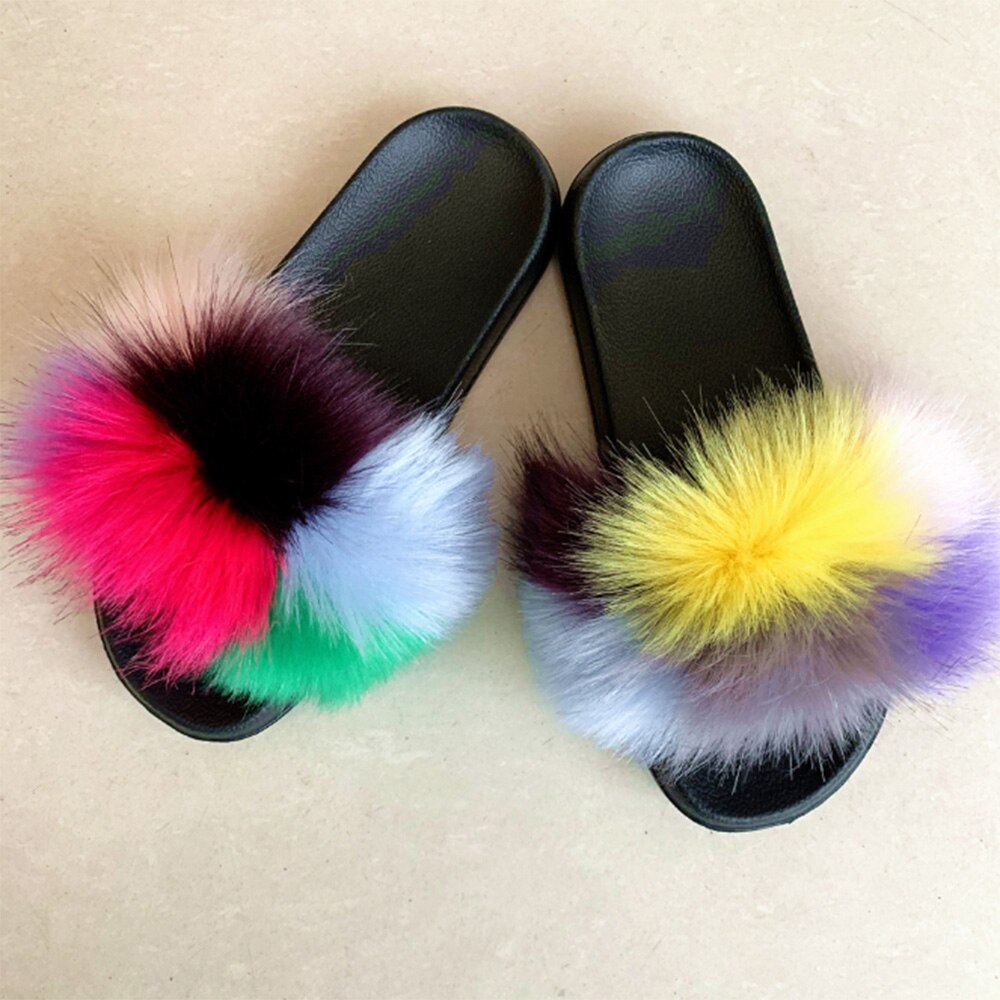 Imitatie Vossenbont Slippers Faux Furry Fluffy Slippers Vrouwen Slides Sandalen Indoor Schoenen Voor Vrouwelijke Slip Op Slippers d30: Colorful gray / US 10-11