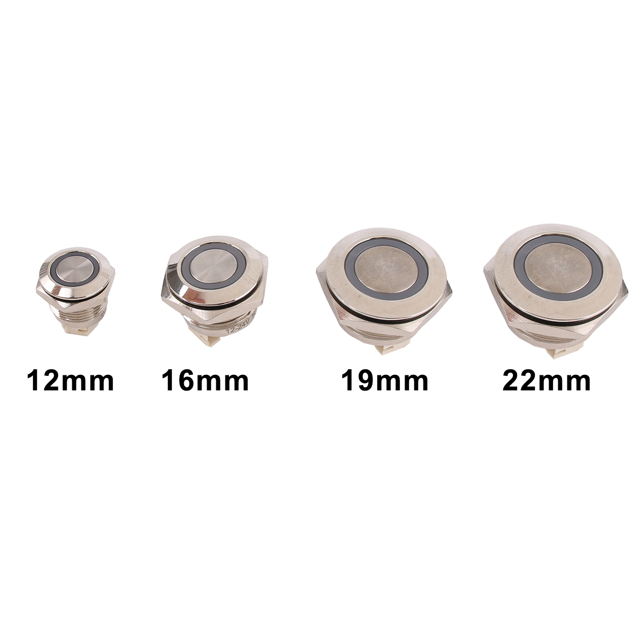 12/16/19/22mm Interruttore a pulsante ultra corto Impermeabile 1no Metallo con filo 150mm Anello Annluar 3-6V Rosso Verde Blu