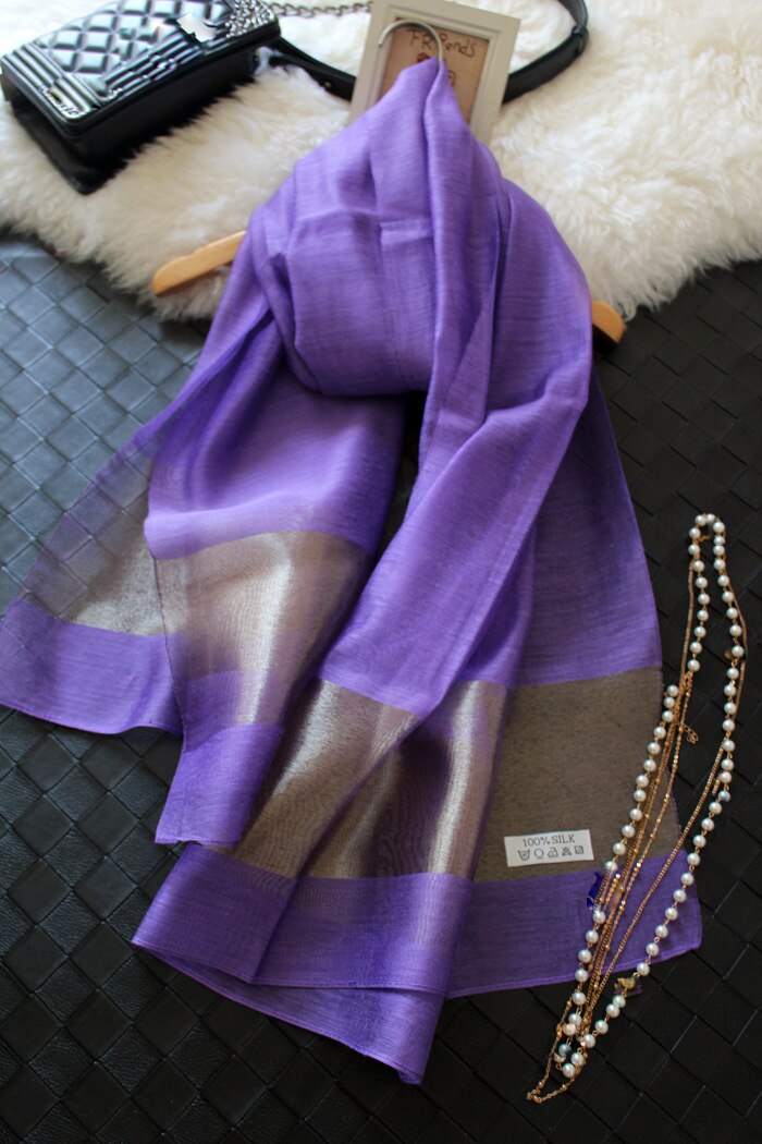 Zijden Sjaals Elegante Zijden Vrouwen Sjaal Mode Zwarte Stiksels Goud Zijde Sjaals Lange Sectie Zachte Sjaal Uitlaat Organza Sjaal: purple scarf