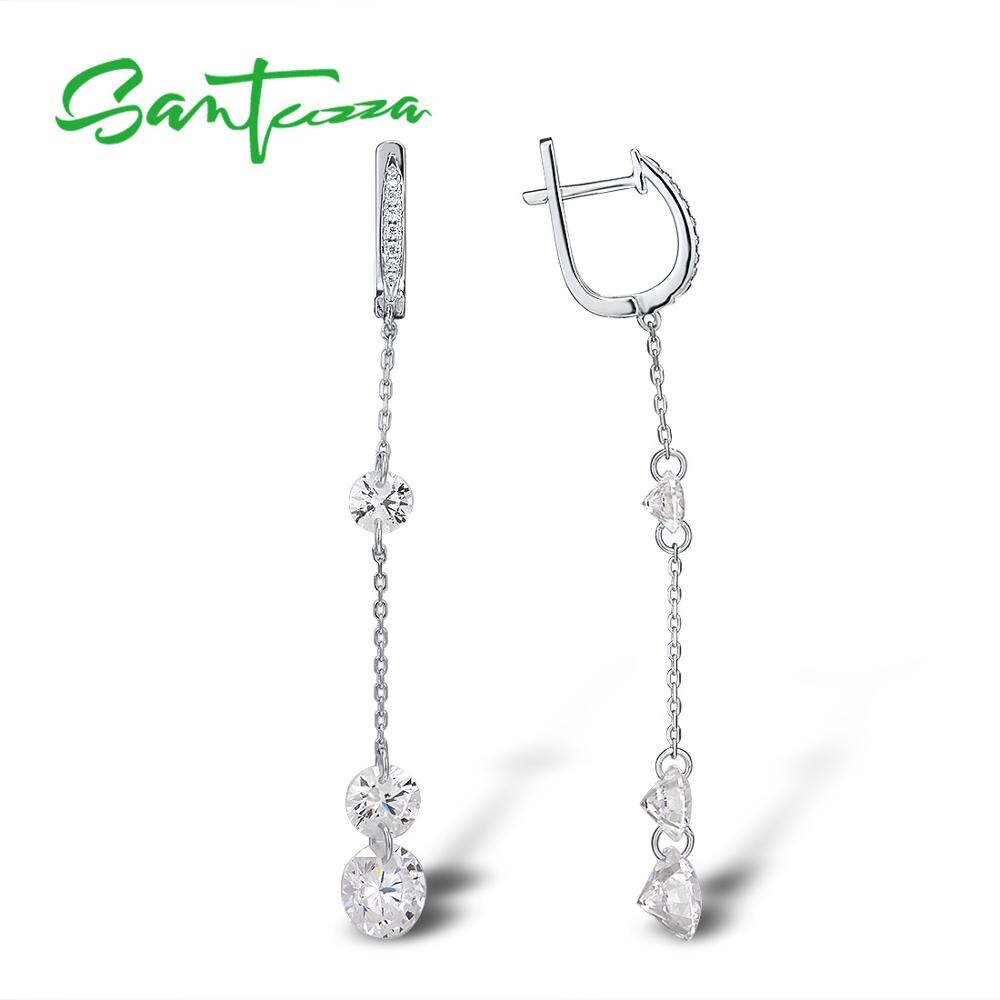 Boucles d'oreilles en argent SANTUZZA pour femmes pur 925 argent Sterling étincelant blanc zircon cubique longues boucles d'oreilles goutte bijoux fins