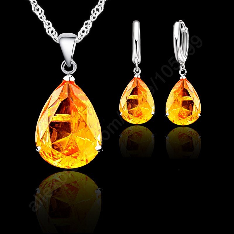 Ensemble de bijoux en argent Sterling 925, boucles d&#39;oreilles et collier avec pendentif en forme de goutte d&#39;eau, strass de AAA