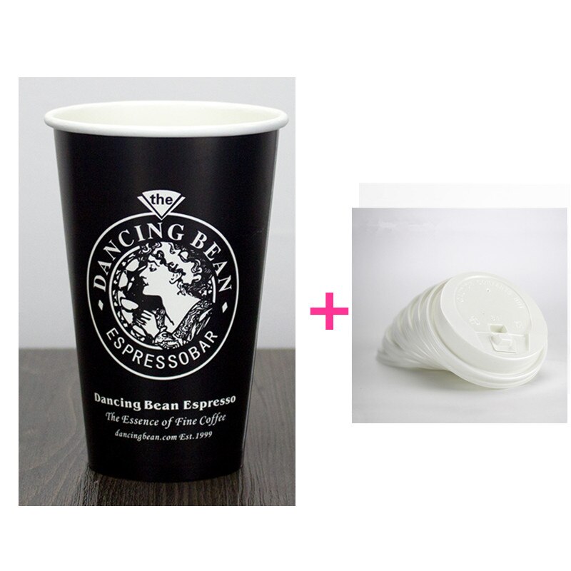 50 st amerikansk stil svart engångs kaffekopp fest bbq födelsedag eftermiddagste favorit dryck pappersmugg med lock: Kopp och vitt lock / 500ml 16oz 50 st