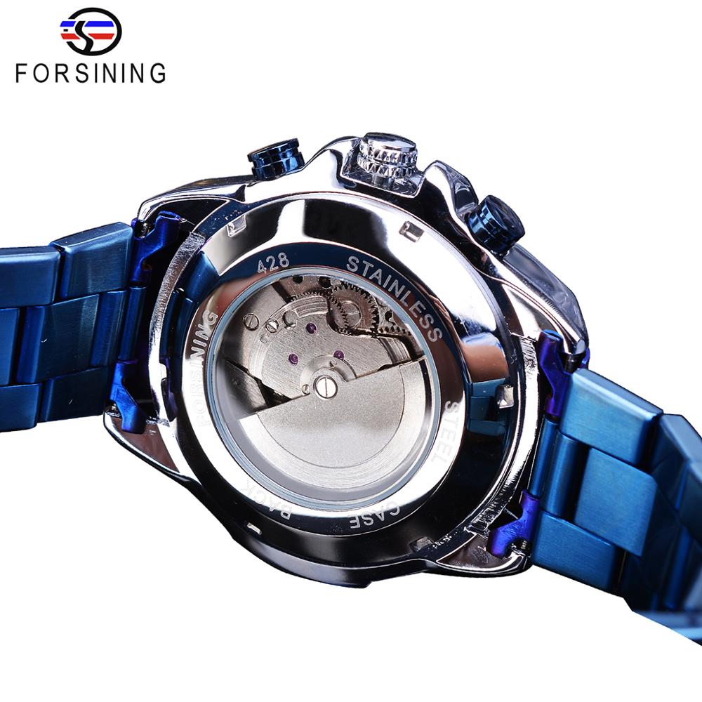 Forsining Heren Automatische Horloge Blauw Stalen Band Kalender 3 Sub Wijzerplaat Horloge Mechanische Waterdichte Mannelijke Klok Relogio Masculino