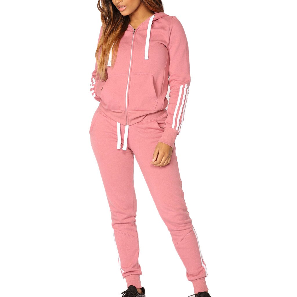 Mode Vrouwen Trainingspak Casual Streep Rits Lange Mouw Trui Sport Tops + Lange Broek Set Herfst Winter Pak Gym Sportkleding #11: Pink / L