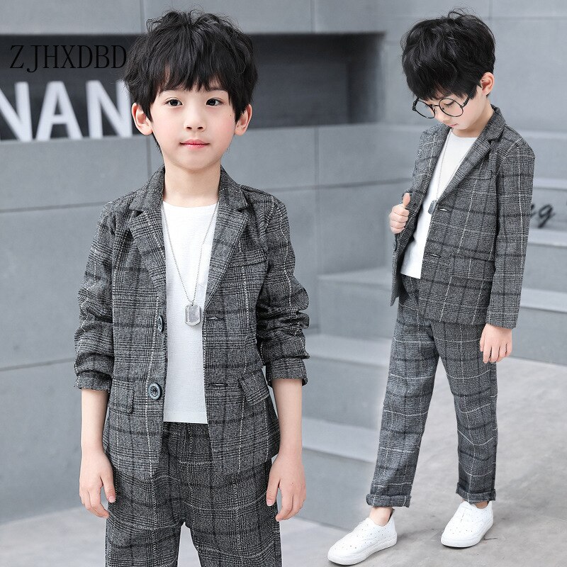 2 Stuks Herfst Kids Blazers Baby Boy Pak Plaid School Suits Peuter Jongens Formele Bruidskleding Katoen Kinderen Kleding Sets 4-16Y