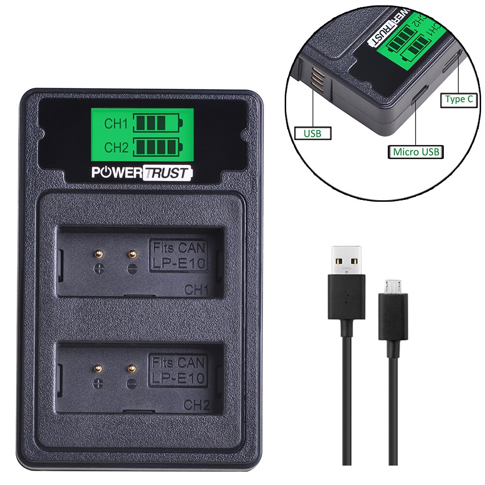 LP-E10 LPE10 LCD USB Dual Charger Met USB Kabel & Type C Poort Voor Canon 1100D 1200D 1300D Rebel T3 t5 KUS X50 X70