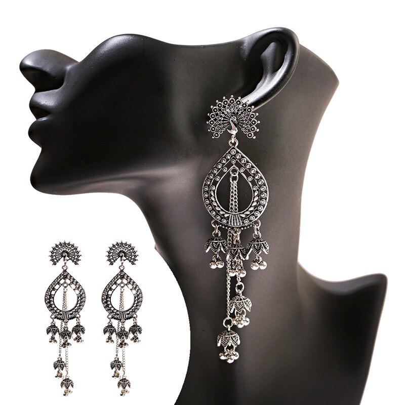 Vintage Indian Bollywood Kundan Peacock Carved Jhumka Jhumki Water Earrings Women Boho Ethnic Long Tassel Earring Jewelry